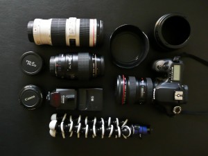 Inhalt des Rucksacks, Objektive, Blitz, EOS40D, Jobo GorillaPod SLR ZOOM